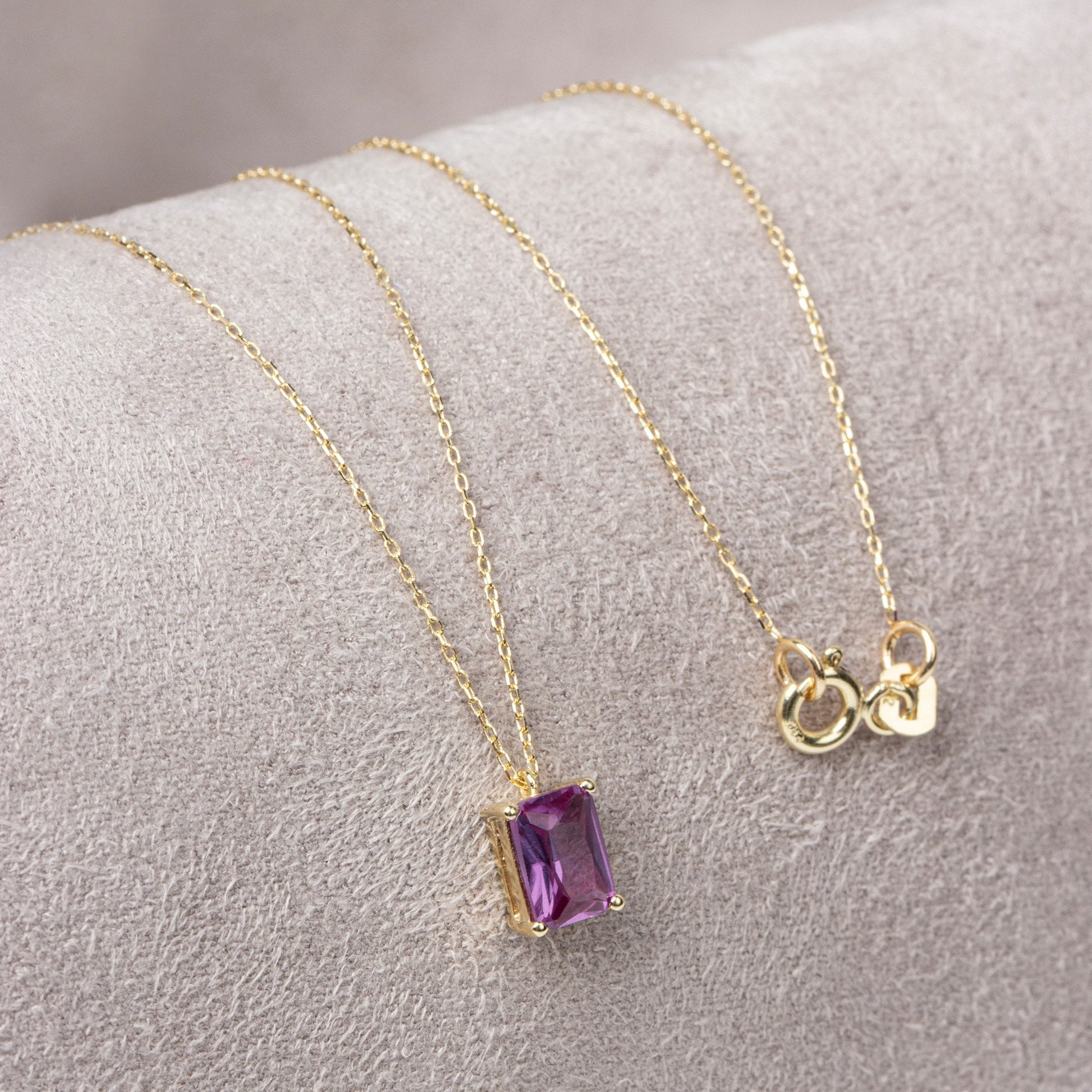 Rectangle Amethyst Necklace 14K Solid Gold, Minimalist February Sign Necklace, Perfect Gift for Mother's Day - Girlfriend - Wife