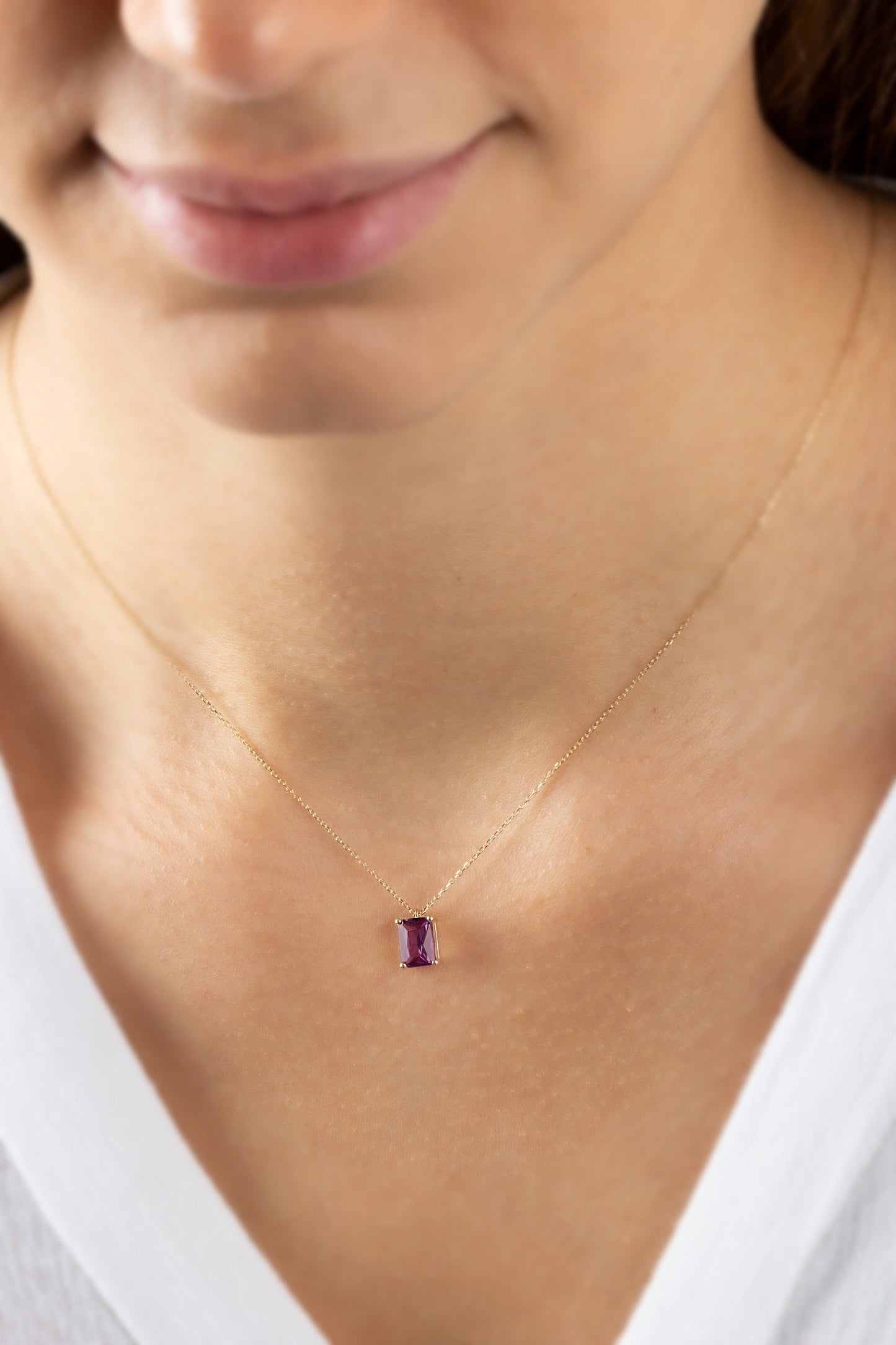 Rectangle Amethyst Necklace 14K Solid Gold, Minimalist February Sign Necklace, Perfect Gift for Mother's Day - Girlfriend - Wife