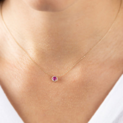 Real Diamond Pink Sapphire Necklace 14K Solid Gold, Minimalist Round Pink Sapphire Birthstone, Necklace, Gift for Mother's Day - Wife