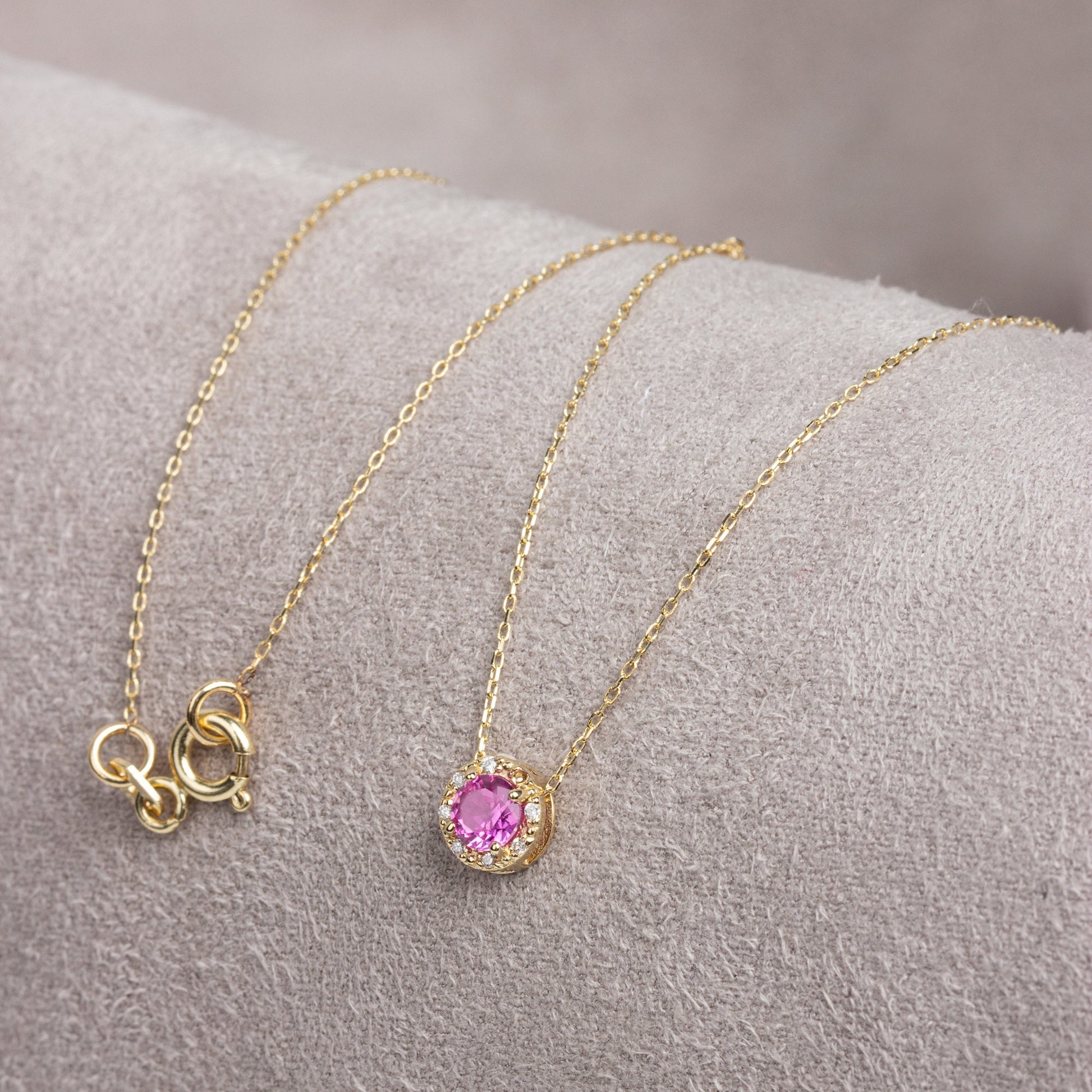 Real Diamond Pink Sapphire Necklace 14K Solid Gold, Minimalist Round Pink Sapphire Birthstone, Necklace, Gift for Mother's Day - Wife