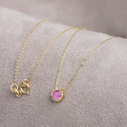 Real Diamond Pink Sapphire Necklace 14K Solid Gold, Minimalist Round Pink Sapphire Birthstone, Necklace, Gift for Mother's Day - Wife