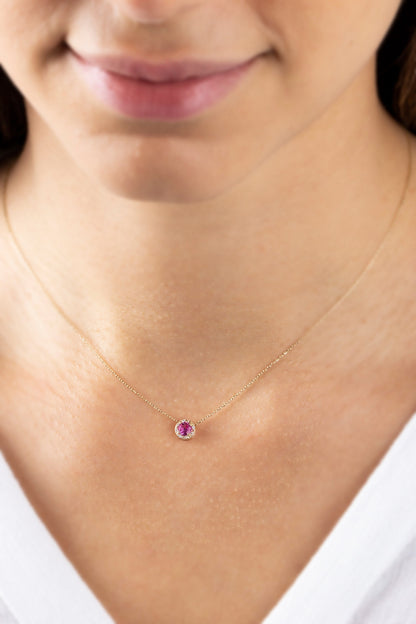 Real Diamond Pink Sapphire Necklace 14K Solid Gold, Minimalist Round Pink Sapphire Birthstone, Necklace, Gift for Mother's Day - Wife