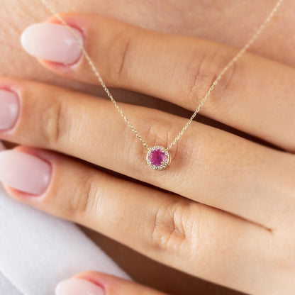 Real Diamond Pink Sapphire Necklace 14K Solid Gold, Minimalist Round Pink Sapphire Birthstone, Necklace, Gift for Mother's Day - Wife