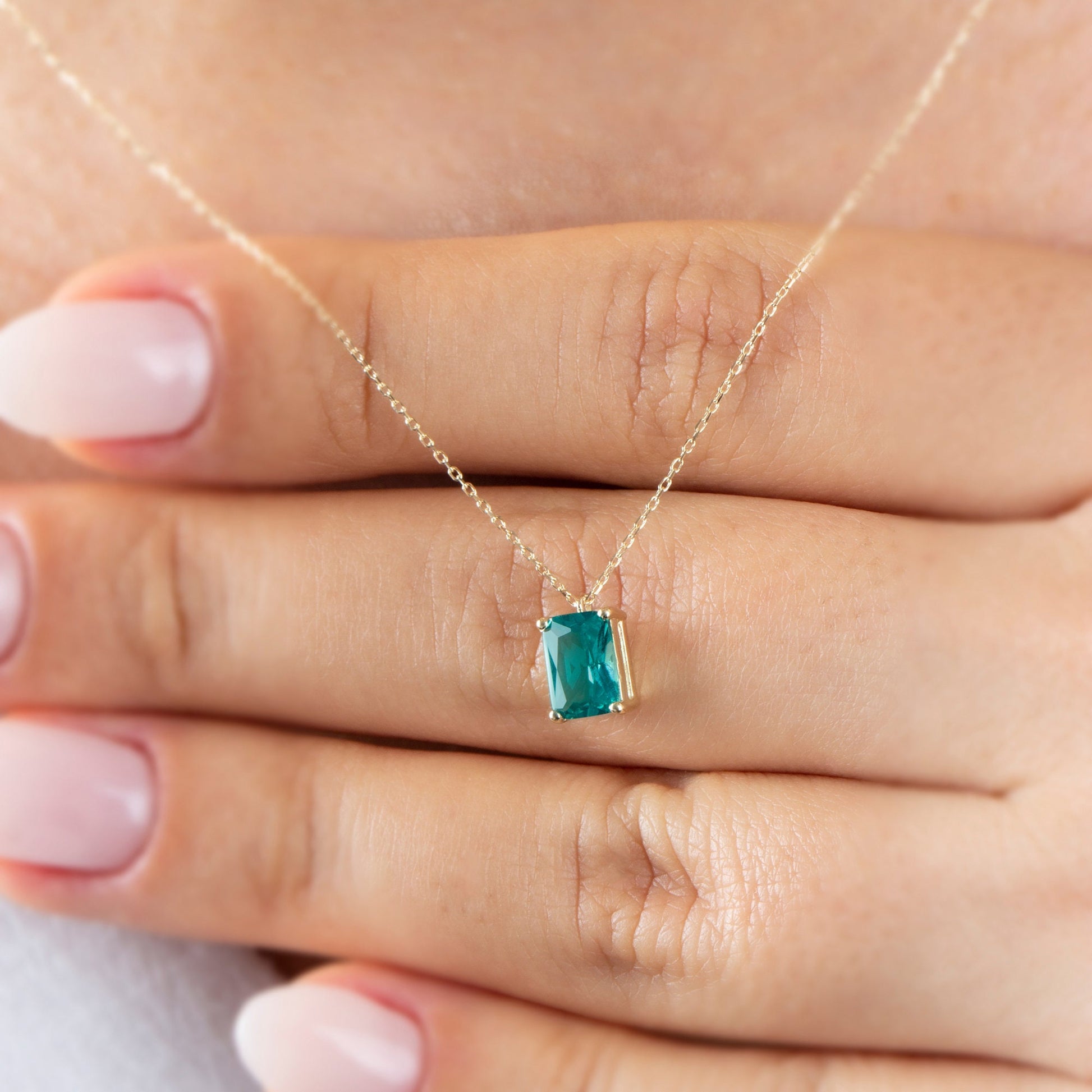 14K Solid Gold Green Topaz Necklace - Minimalist Aqua Gemstone, Rectangle Pendant, Perfect Mother's Day Gift for Her