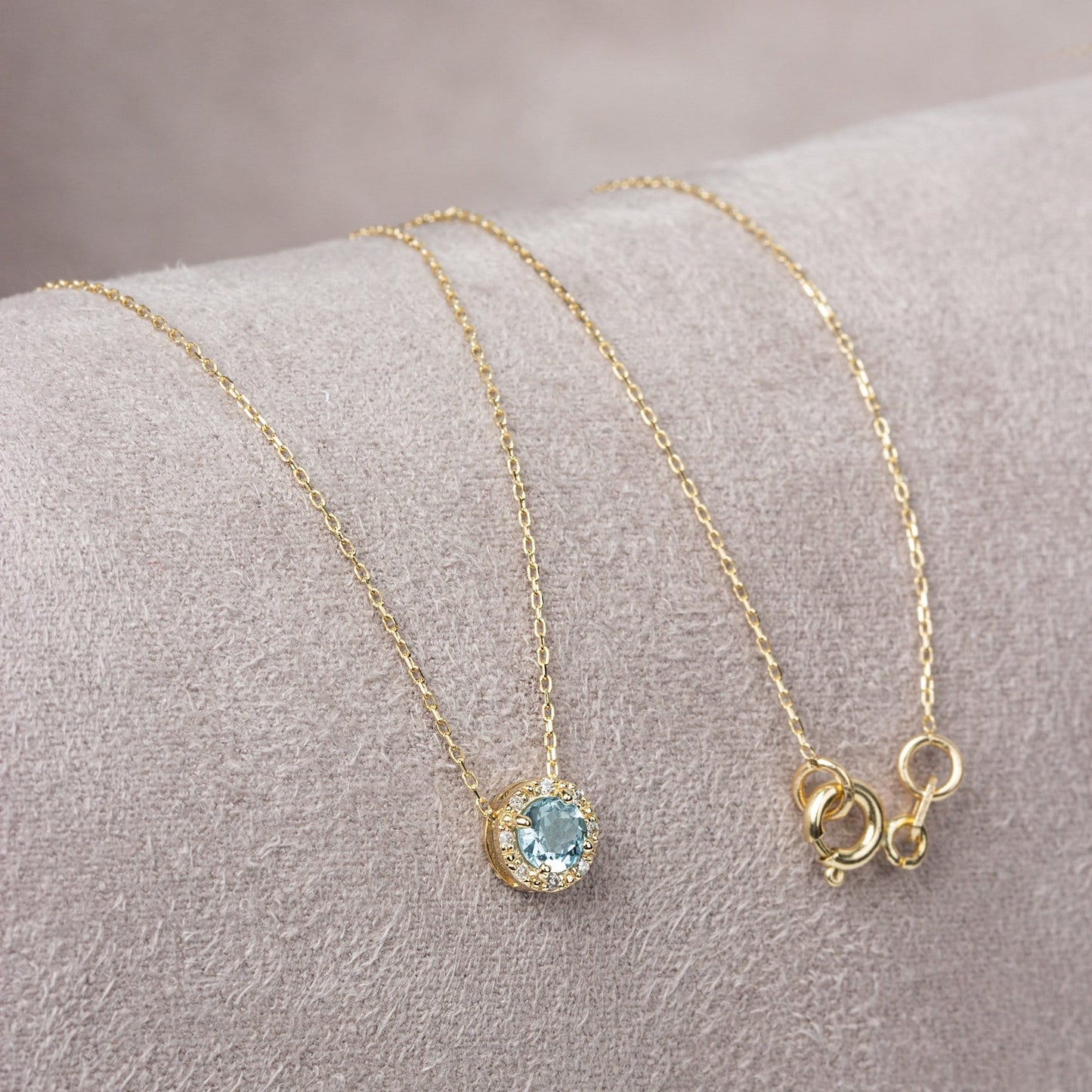 Real Diamond Blue Topaz 14K Solid Gold Necklace, Minimalist Round Birthstone Necklace, Perfect Gift for Mother's Day - Girlfriend - Wife