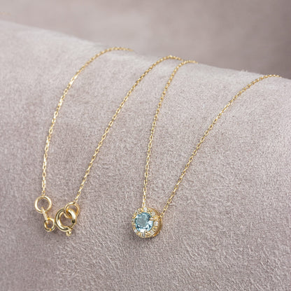 Real Diamond Blue Topaz 14K Solid Gold Necklace, Minimalist Round Birthstone Necklace, Perfect Gift for Mother's Day - Girlfriend - Wife