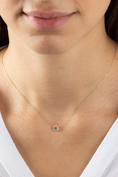 Real Diamond Blue Topaz 14K Solid Gold Necklace, Minimalist Round Birthstone Necklace, Perfect Gift for Mother's Day - Girlfriend - Wife