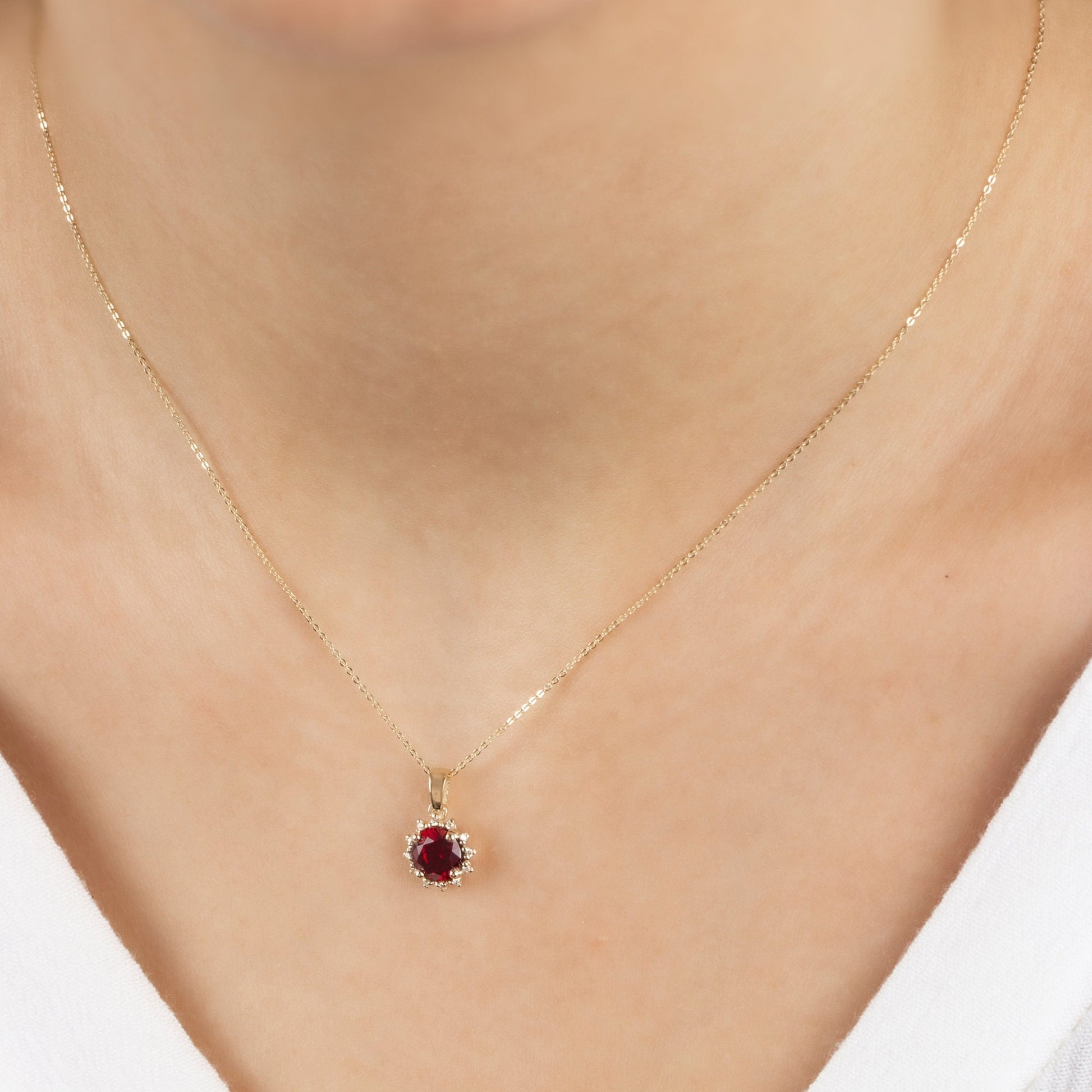 14K Gold Garnet Necklace with Real Diamond - Round Birthstone Jewelry for Women, Perfect Gift for Mother's Day - Girlfriend - Wife