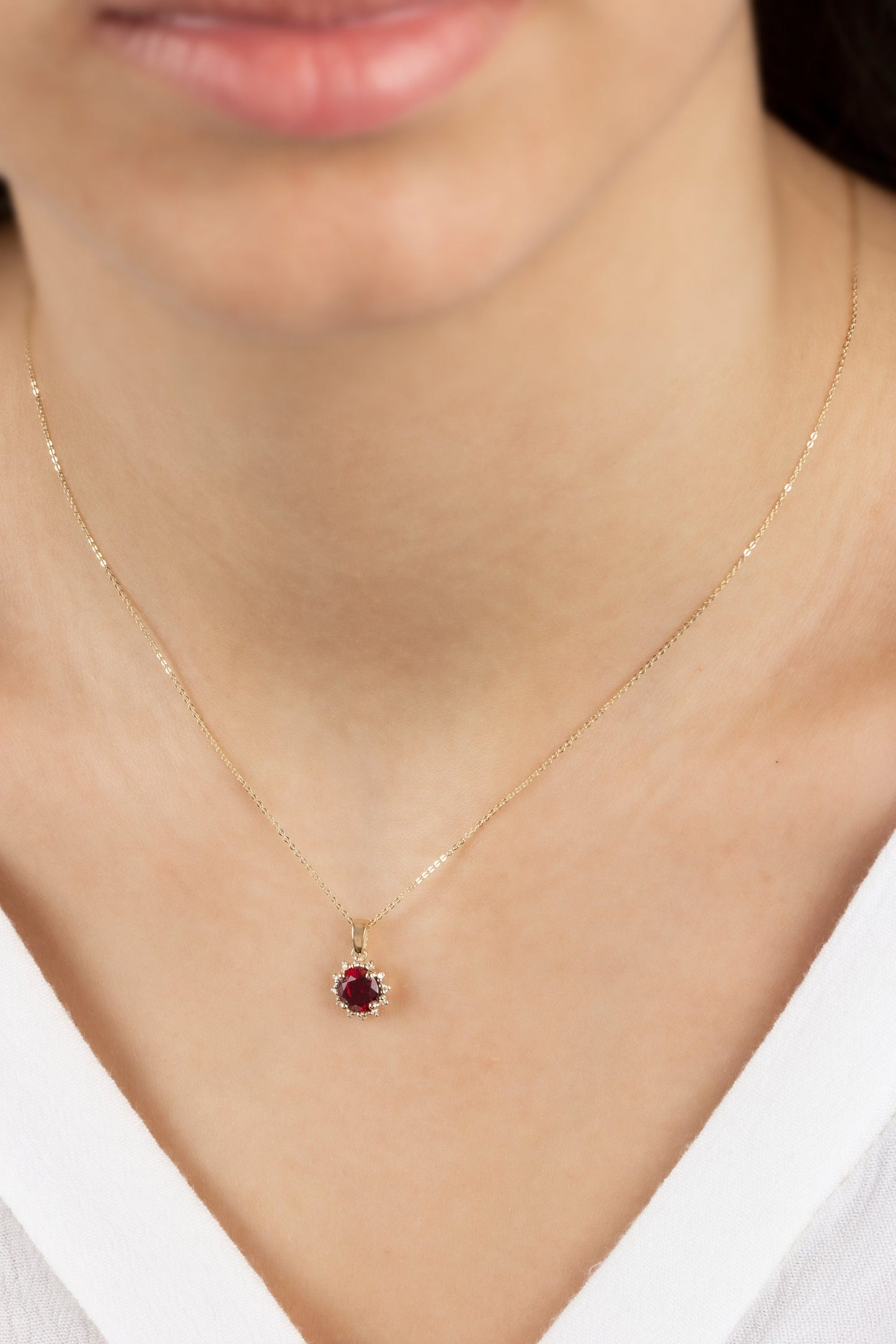 14K Gold Garnet Necklace with Real Diamond - Round Birthstone Jewelry for Women, Perfect Gift for Mother's Day - Girlfriend - Wife