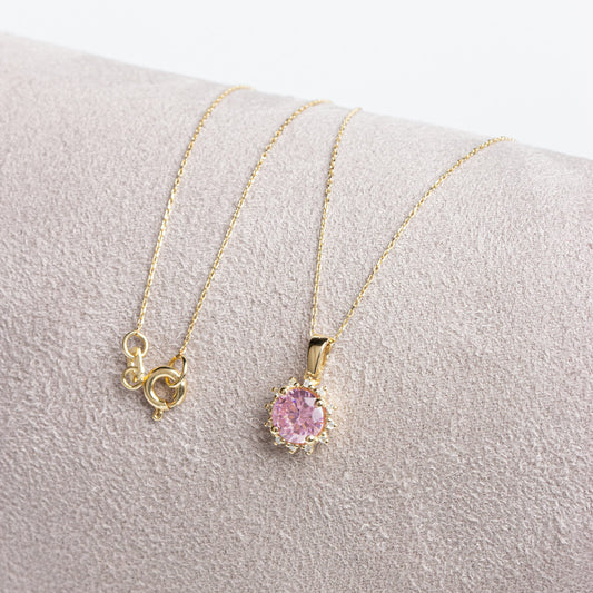 14K Gold Pink Tourmaline & Diamond Necklace - Real Round Birthstone Pendant, Perfect Gift for Mother's Day - Girlfriend - Wife