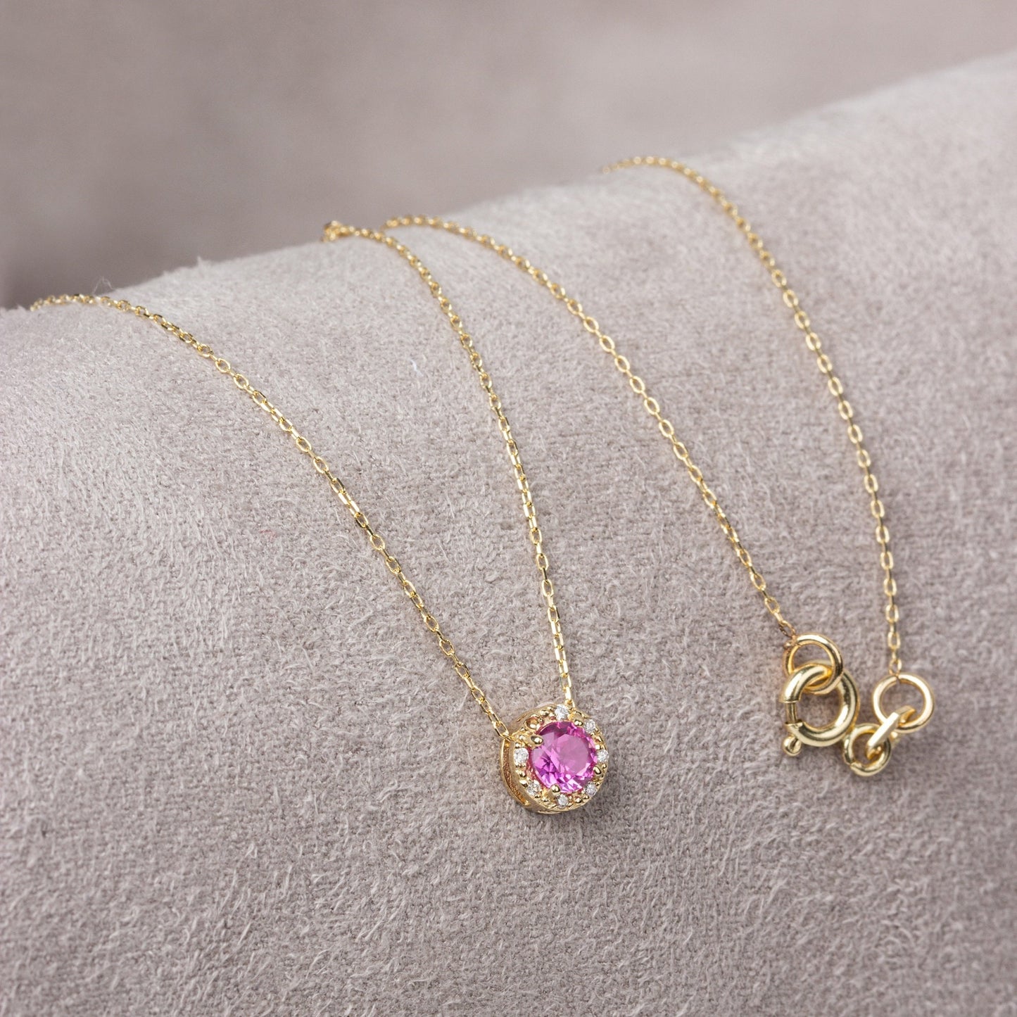 Real Diamond Pink Sapphire Necklace 14K Solid Gold, Minimalist Round Pink Sapphire Birthstone, Necklace, Gift for Mother's Day - Wife