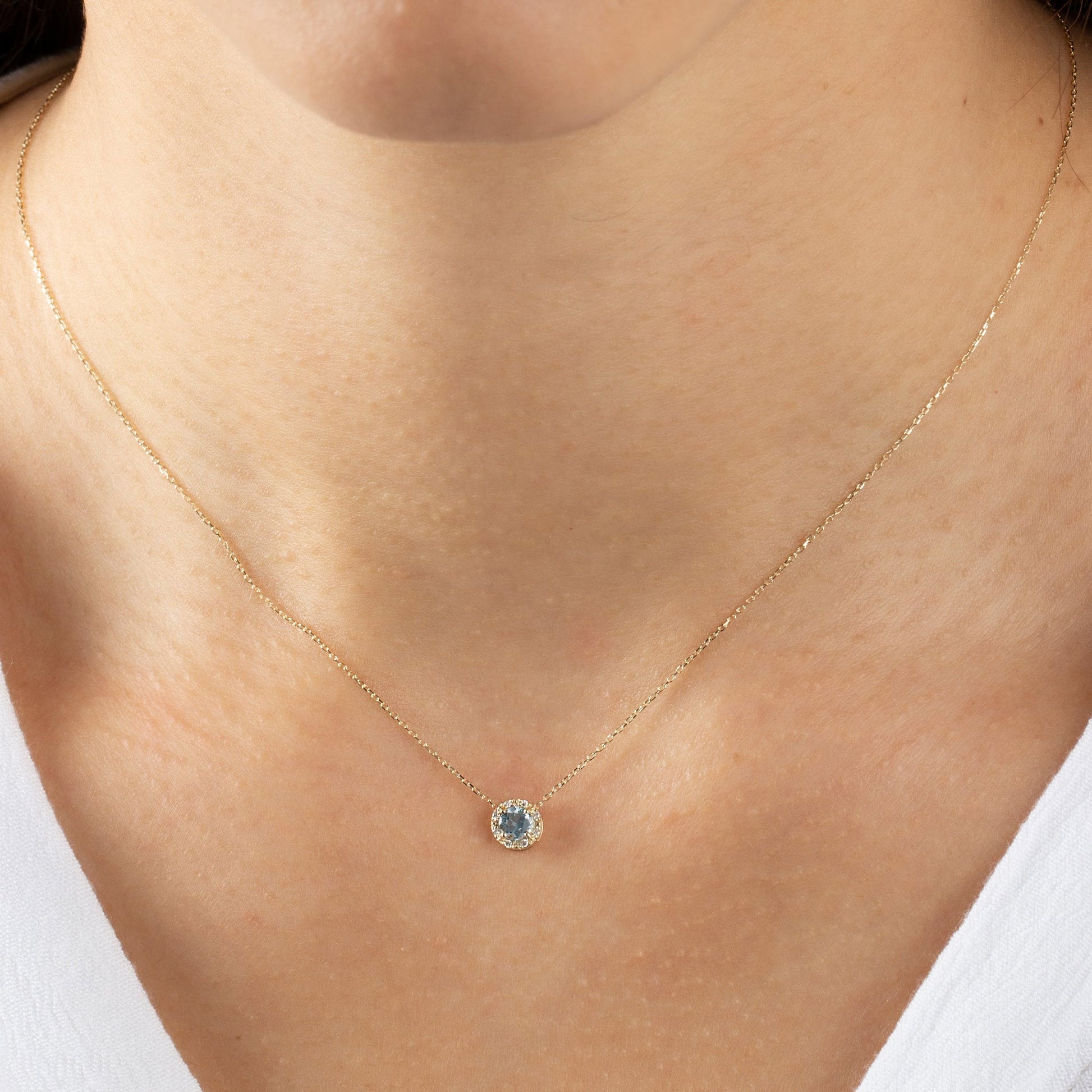 Real Diamond Blue Topaz 14K Solid Gold Necklace, Minimalist Round Birthstone Necklace, Perfect Gift for Mother's Day - Girlfriend - Wife