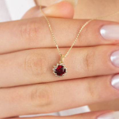 14K Gold Garnet Necklace with Real Diamond - Round Birthstone Jewelry for Women, Perfect Gift for Mother's Day - Girlfriend - Wife