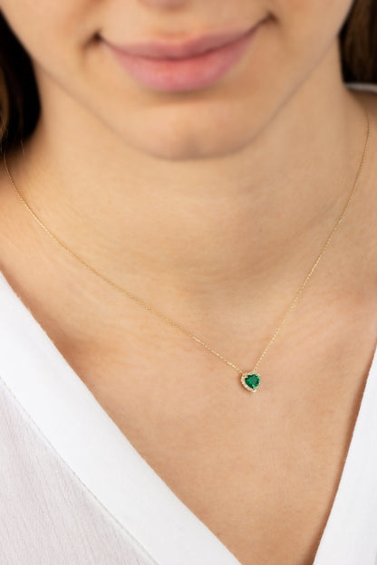 Real Diamond Emerald Heart Necklace, 14K Solid Gold, Minimalist Love Heart Necklace, Perfect Gift for Mother's Day - Girlfriend - Wife