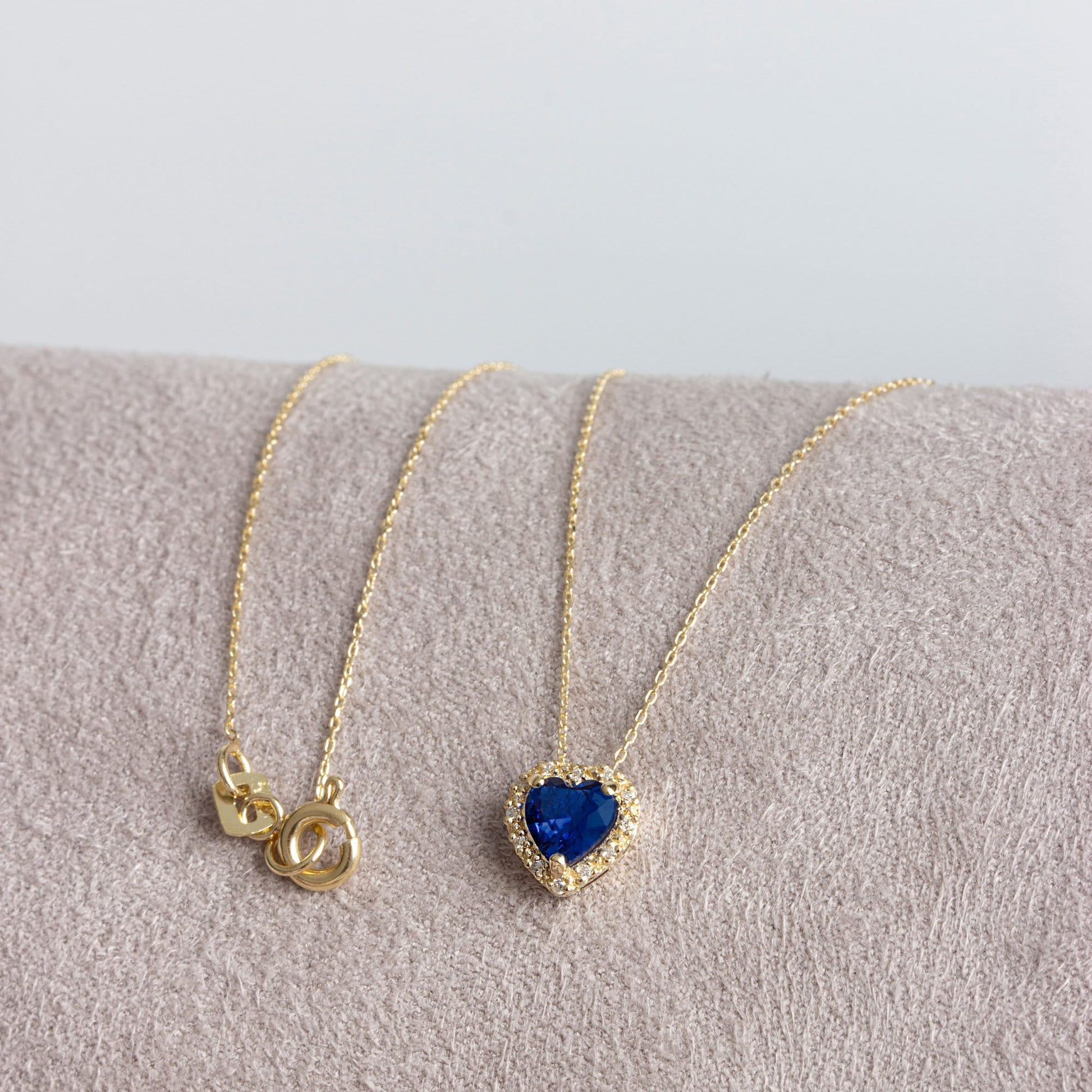 14K Solid Gold Heart Necklace with Real Diamond and Sapphire - Minimalist Love Heart, Perfect Gift for Mother's Day - Girlfriend - Wife