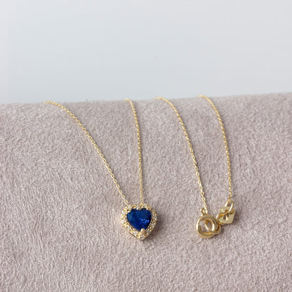 14K Solid Gold Heart Necklace with Real Diamond and Sapphire - Minimalist Love Heart, Perfect Gift for Mother's Day - Girlfriend - Wife