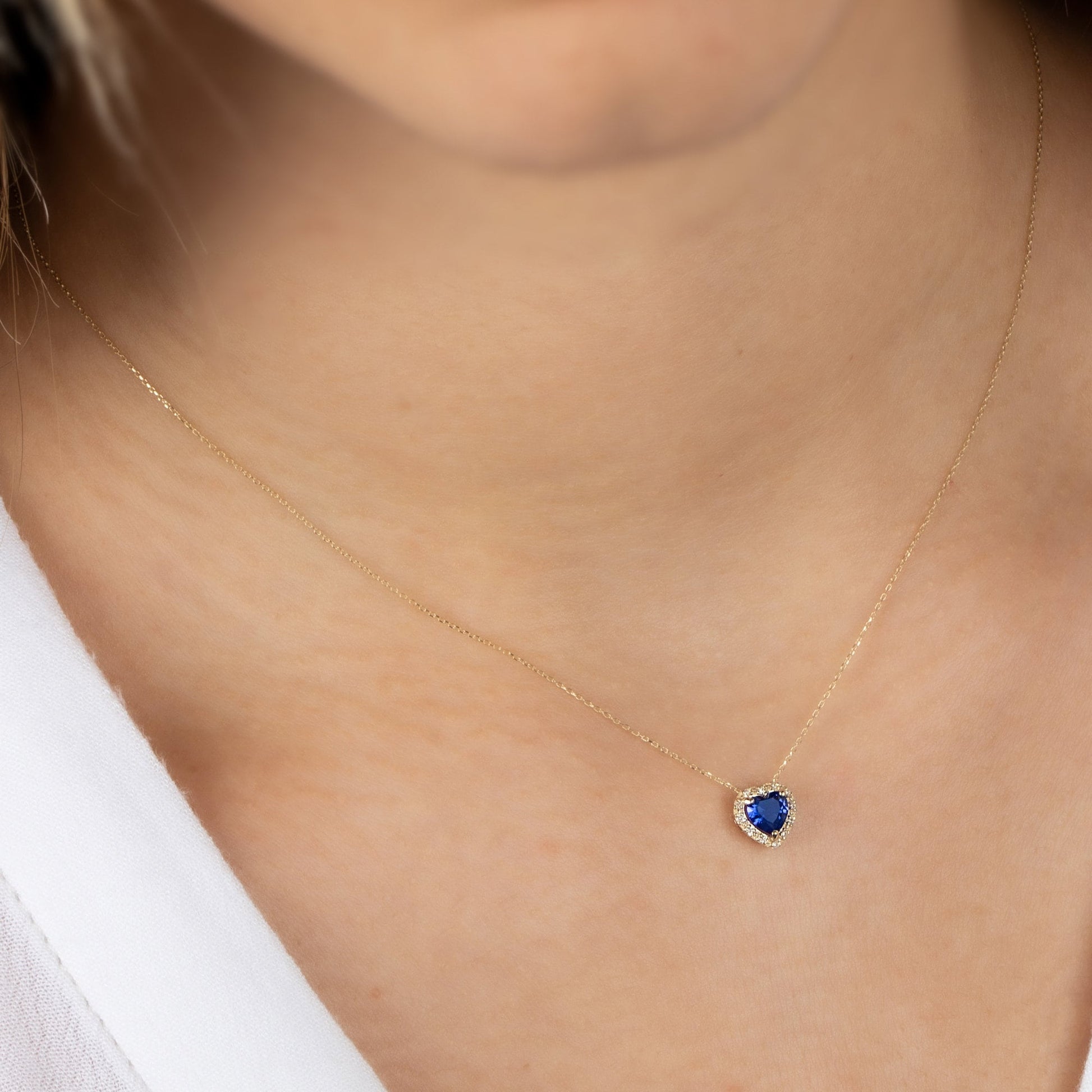 14K Solid Gold Heart Necklace with Real Diamond and Sapphire - Minimalist Love Heart, Perfect Gift for Mother's Day - Girlfriend - Wife