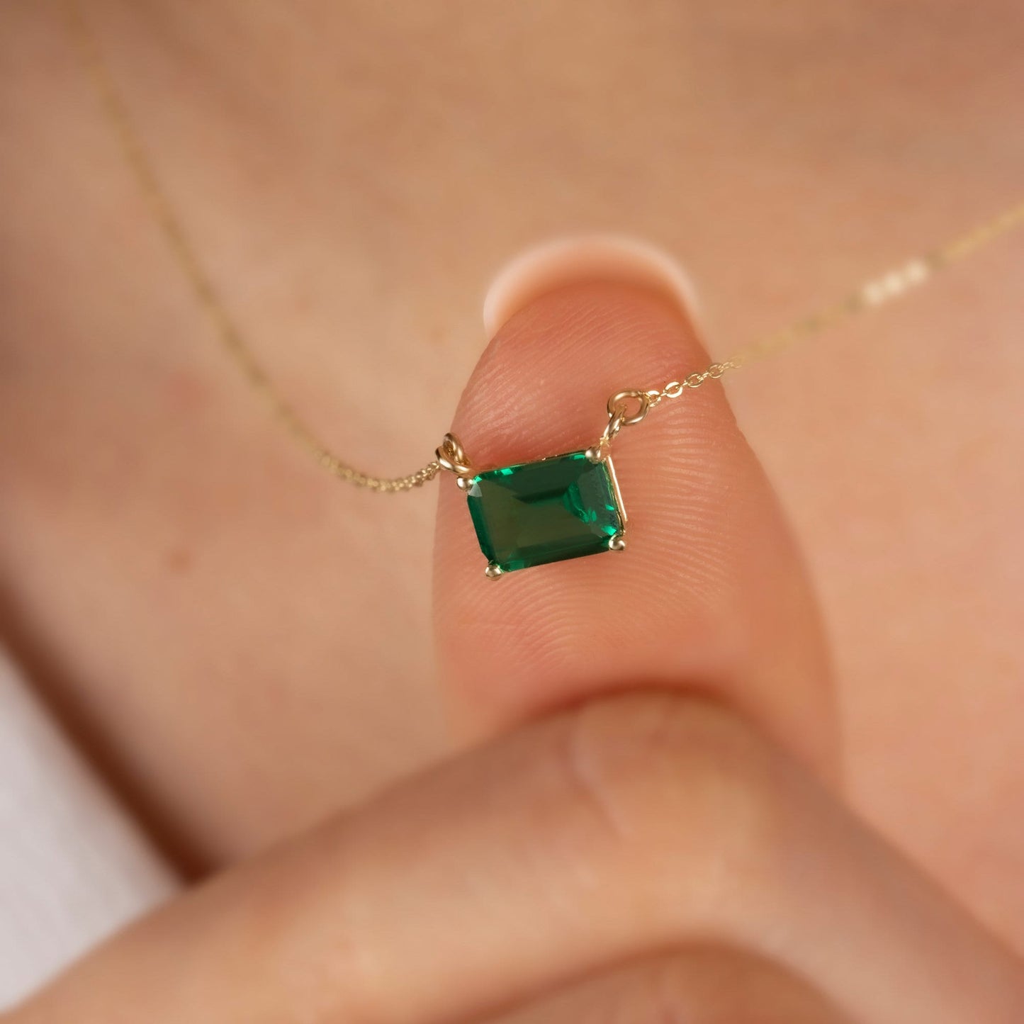 Horizontal Rectangle Emerald Necklace 14k Solid Gold, Birthstone Double Link Rectangle, Perfect Gift for Mother's Day - Girlfriend - Wife