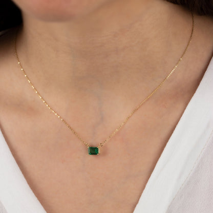 Horizontal Rectangle Emerald Necklace 14k Solid Gold, Birthstone Double Link Rectangle, Perfect Gift for Mother's Day - Girlfriend - Wife