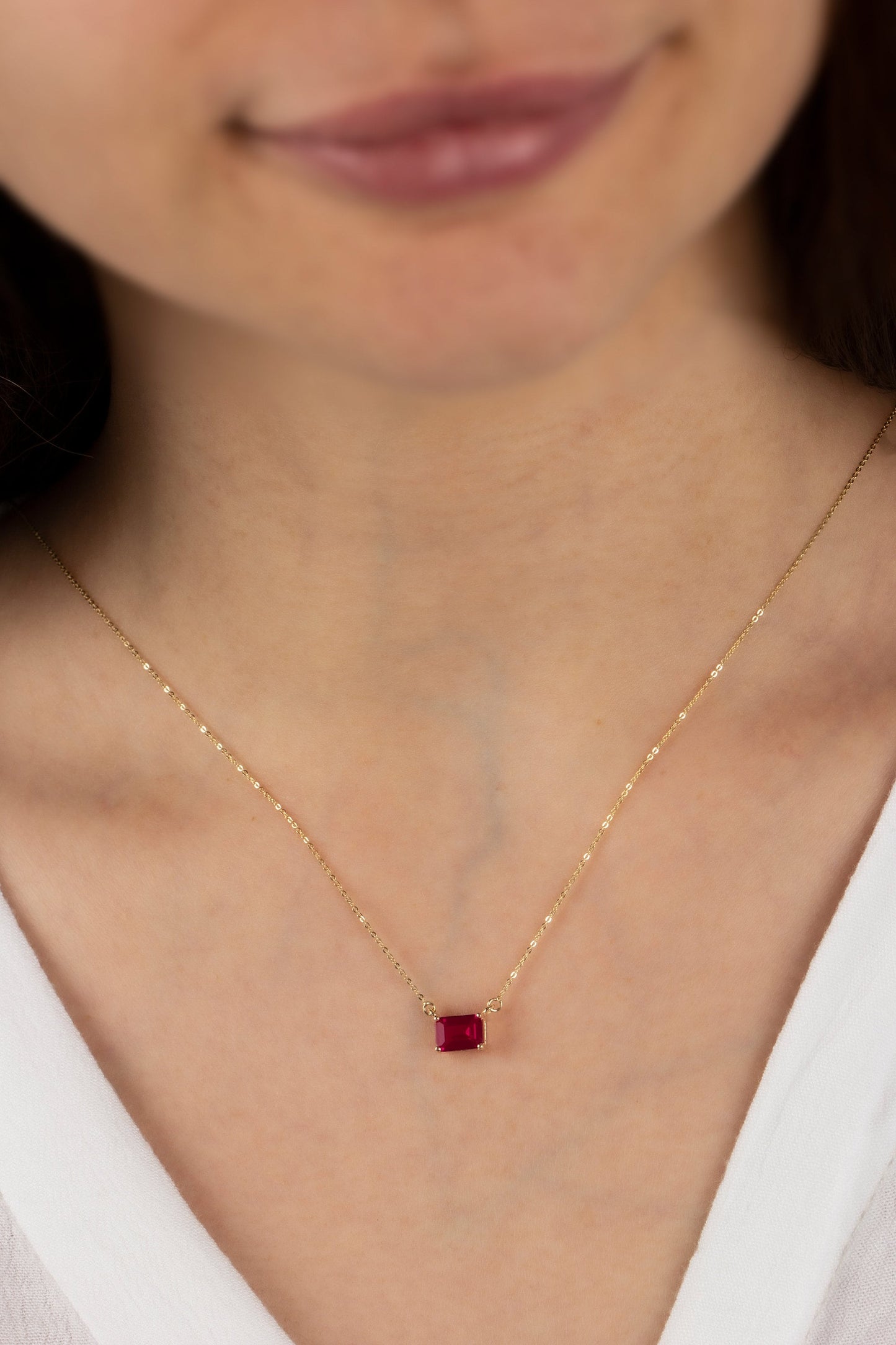 Horizontal Rectangle Ruby Necklace 14K Solid Gold, Minimalist Birthstone Double Link Rectangle Necklace, Perfect Gift for Mother's Day