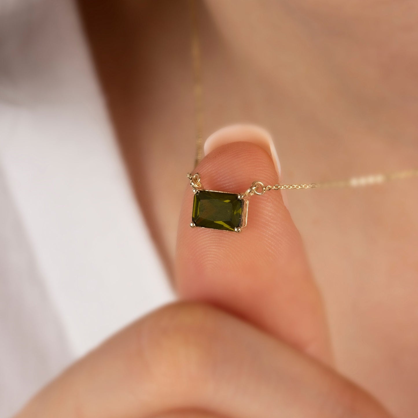 14K Solid Gold Peridot Necklace: Horizontal Rectangle, August Birthday Gift, Double Link, Perfect Gift for Mother's Day - Girlfriend - Wife