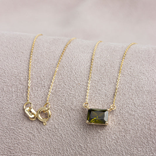 14K Solid Gold Peridot Necklace: Horizontal Rectangle, August Birthday Gift, Double Link, Perfect Gift for Mother's Day - Girlfriend - Wife