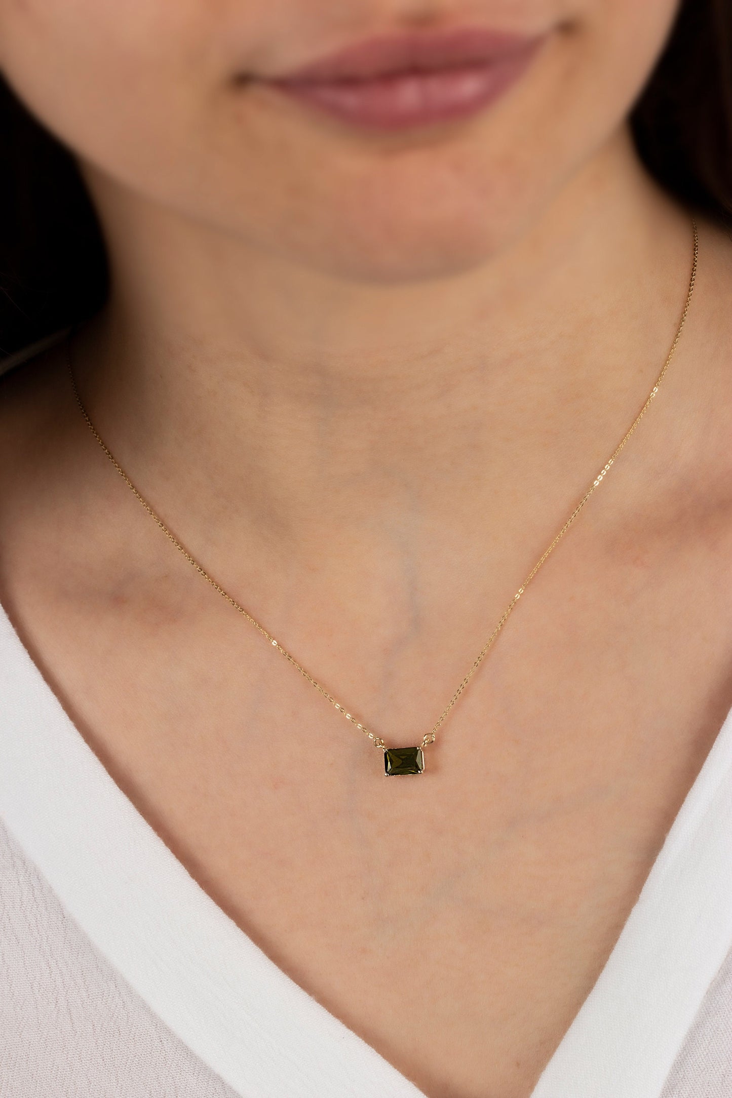 14K Solid Gold Peridot Necklace: Horizontal Rectangle, August Birthday Gift, Double Link, Perfect Gift for Mother's Day - Girlfriend - Wife