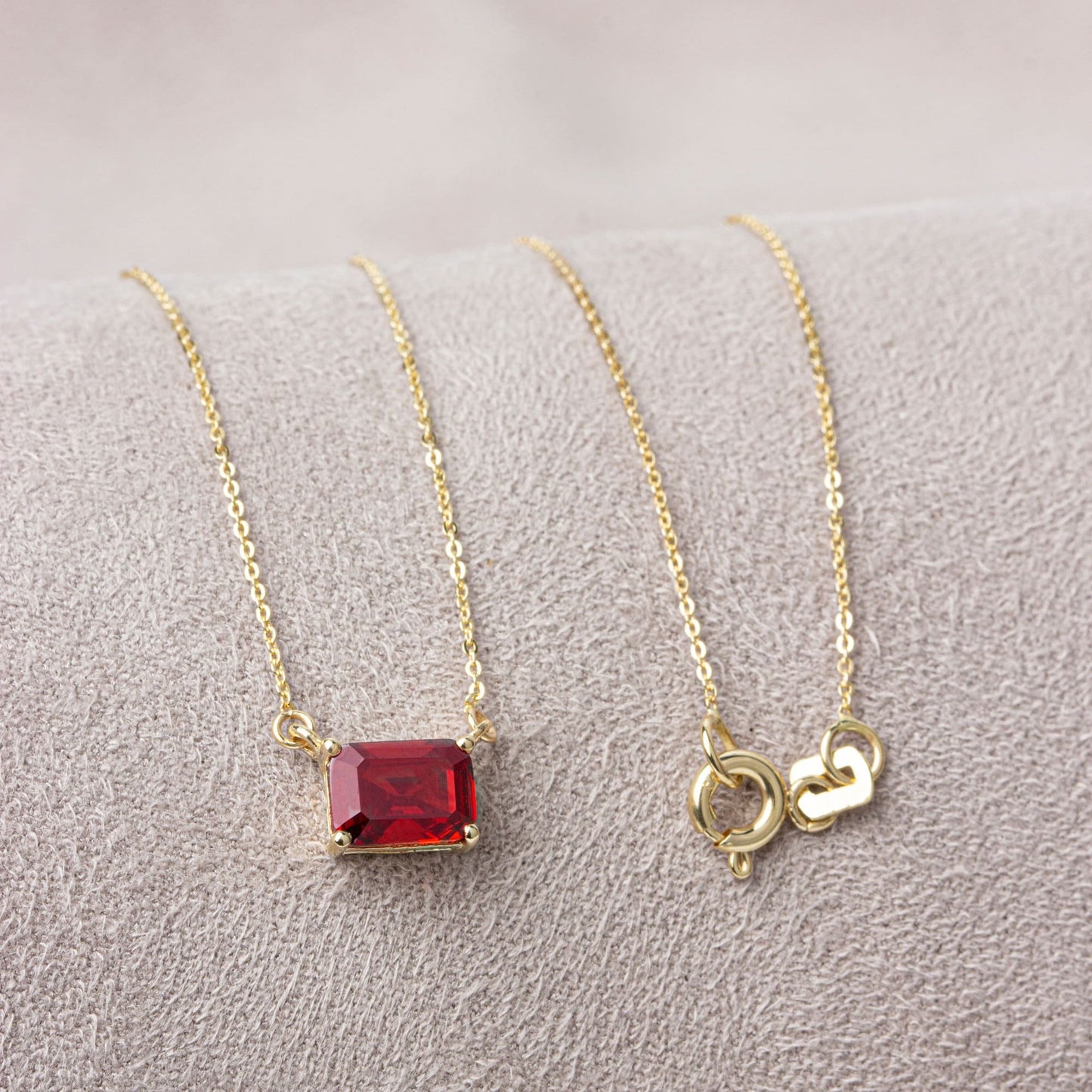 Horizontal Rectangle Garnet Necklace 14K Solid Gold, Birthstone January Double Link Necklace, Gift for Mother's Day - Girlfriend - Wife