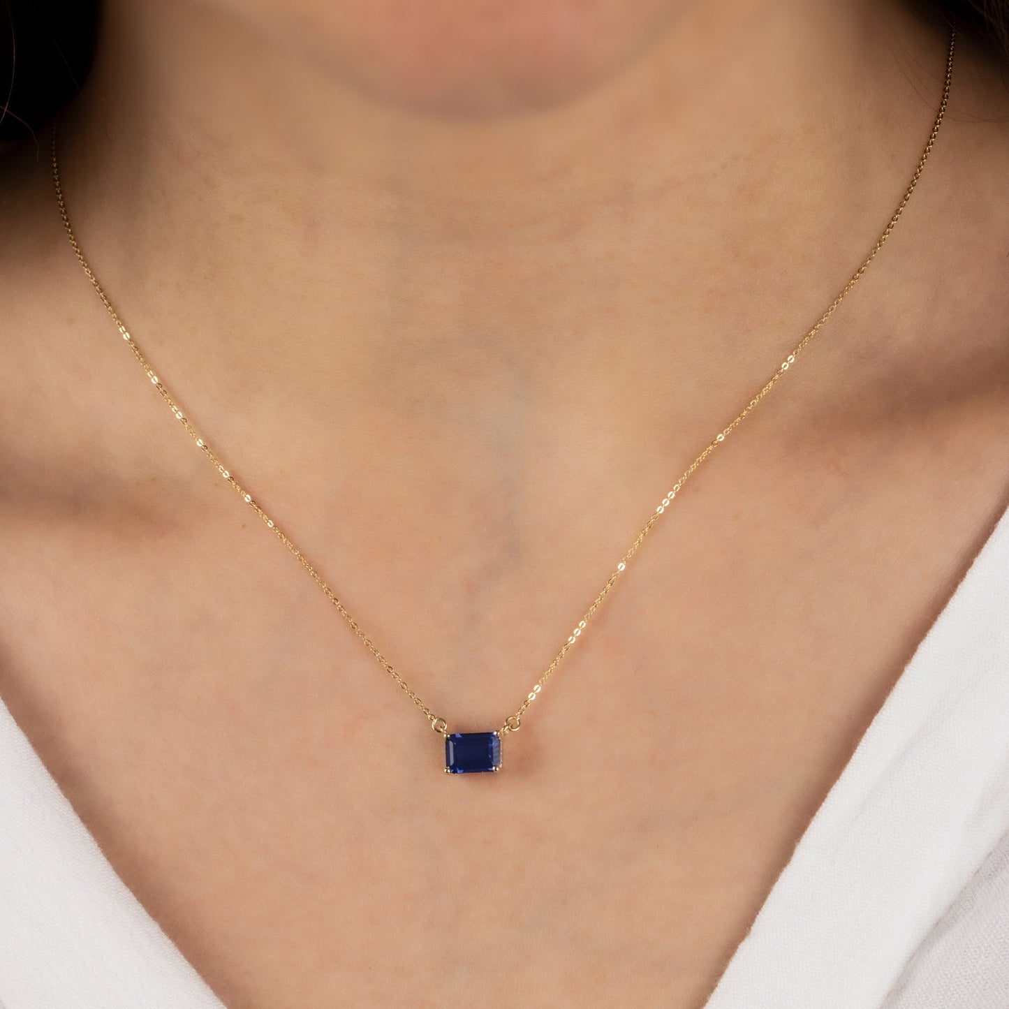 Horizontal Rectangle Sapphire 14K Solid Gold Necklace, Birthstone Rectangle, Double Link, Perfect Gift for Mother's Day - Girlfriend - Wife