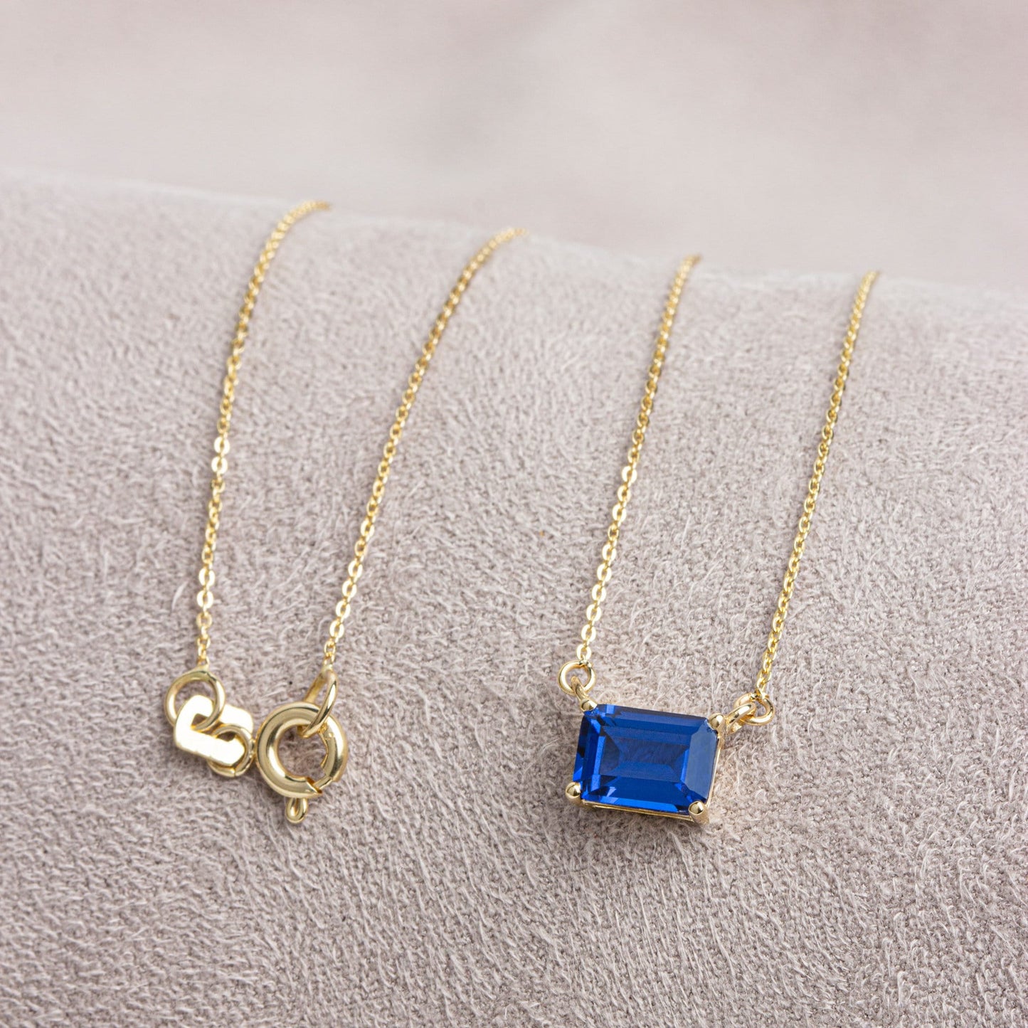 Horizontal Rectangle Sapphire 14K Solid Gold Necklace, Birthstone Rectangle, Double Link, Perfect Gift for Mother's Day - Girlfriend - Wife