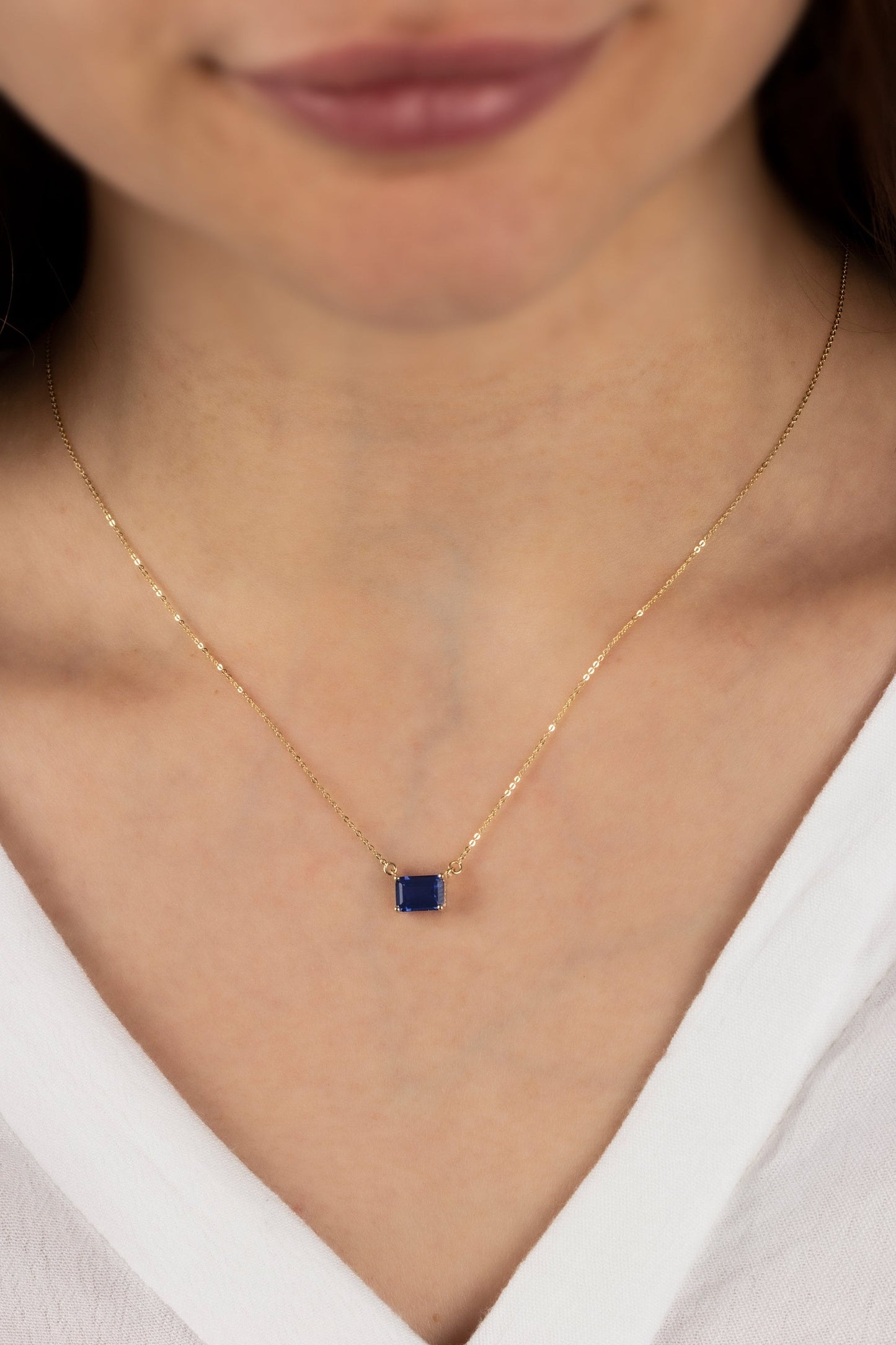 Horizontal Rectangle Sapphire 14K Solid Gold Necklace, Birthstone Rectangle, Double Link, Perfect Gift for Mother's Day - Girlfriend - Wife