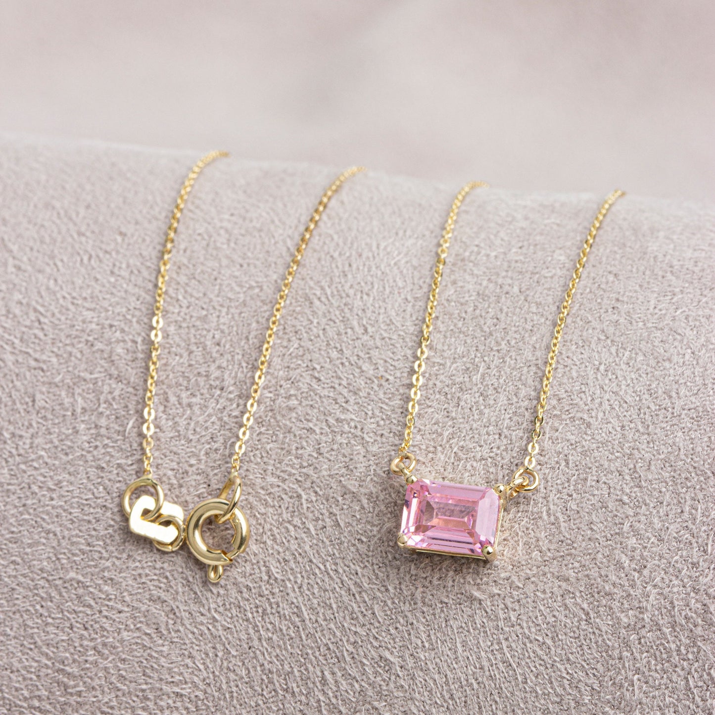 14K Solid Gold Horizontal Rectangle Pink Tourmailine Necklace, Birthstone Rectangle Necklace,Double Link Rectangle Necklace,Mothers Day Gift