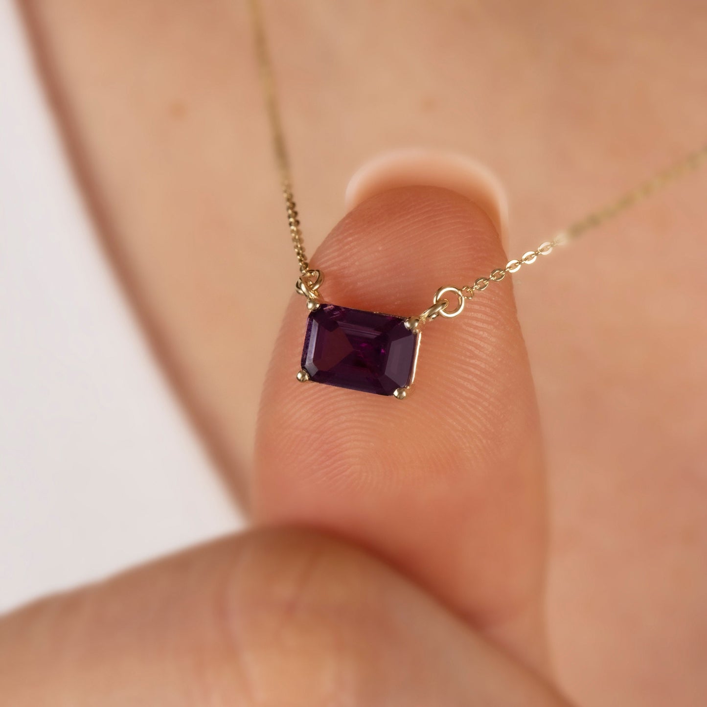 Amethyst Necklace 14K Solid Gold - February Birthstone Rectangle, Double Link Chain, Perfect Mother's Day Gift