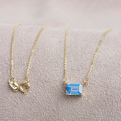 Horizontal Rectangle Blue Topaz Necklace 14K Solid Gold, Birthstone Rectangle Double Link Necklace, Perfect Gift for Mother's Day - Wife