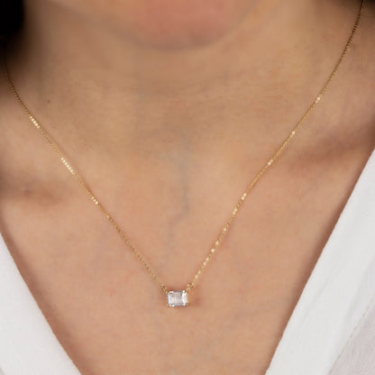 14K Solid Gold White Topaz Necklace - Minimalist Double Link Rectangle Pendant, Elegant Birthstone Gift for Mother's Day, Girlfriend, Wife