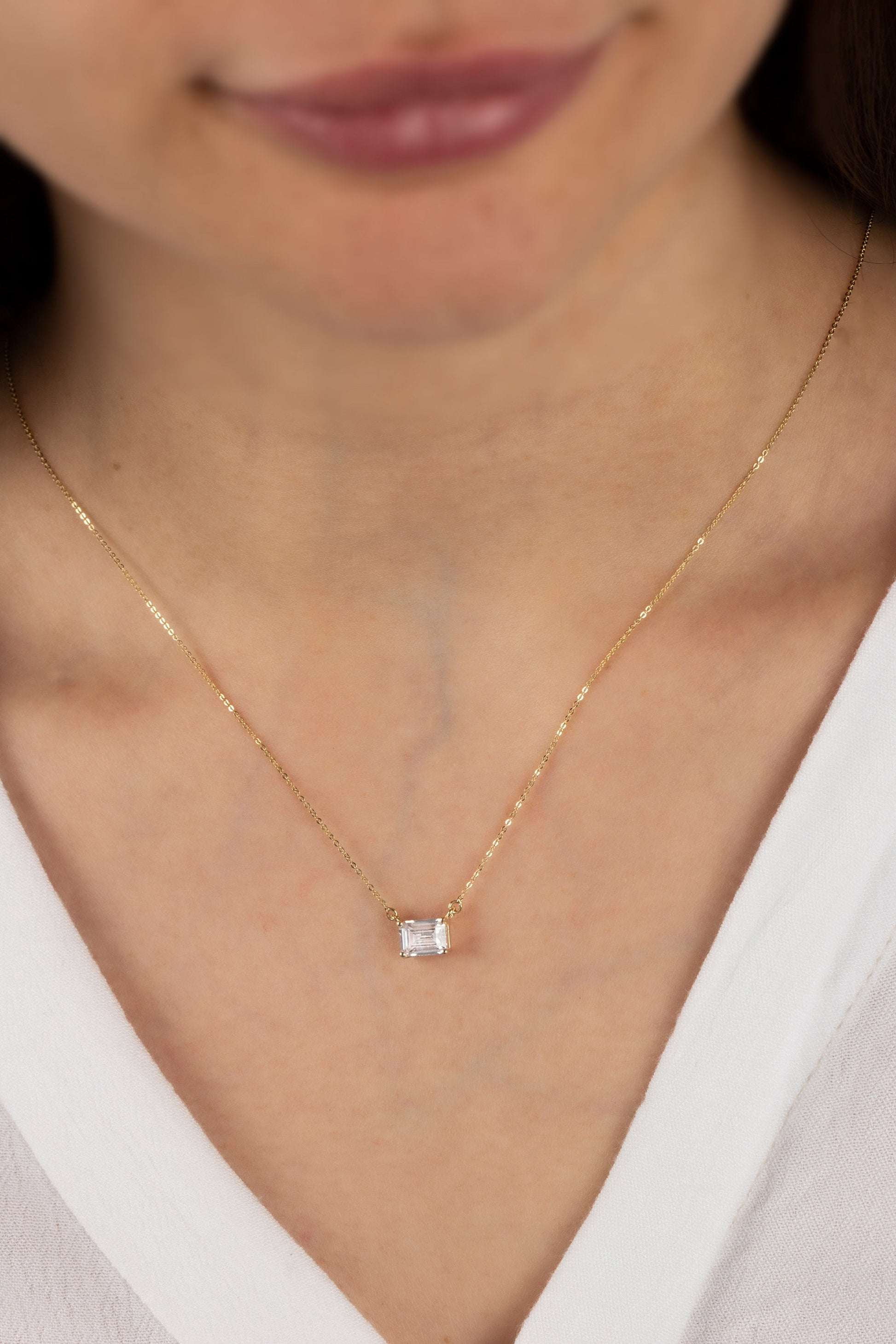 14K Solid Gold White Topaz Necklace - Minimalist Double Link Rectangle Pendant, Elegant Birthstone Gift for Mother's Day, Girlfriend, Wife