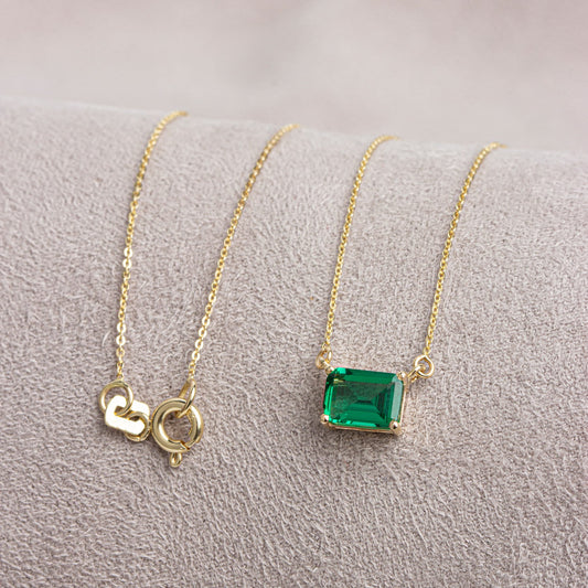 Horizontal Rectangle Emerald Necklace 14k Solid Gold, Birthstone Double Link Rectangle, Perfect Gift for Mother's Day - Girlfriend - Wife