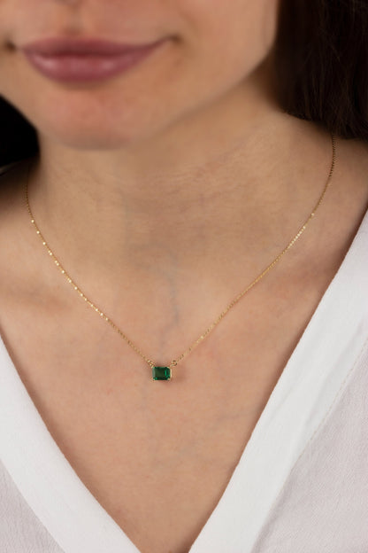 Horizontal Rectangle Emerald Necklace 14k Solid Gold, Birthstone Double Link Rectangle, Perfect Gift for Mother's Day - Girlfriend - Wife