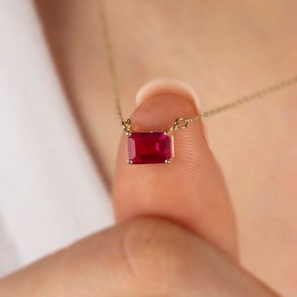 Horizontal Rectangle Ruby Necklace 14K Solid Gold, Minimalist Birthstone Double Link Rectangle Necklace, Perfect Gift for Mother's Day