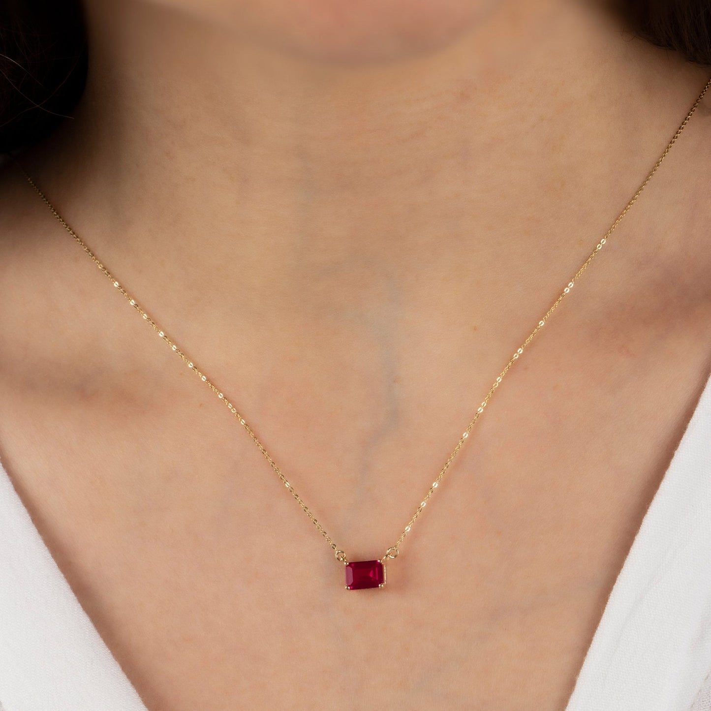 Horizontal Rectangle Ruby Necklace 14K Solid Gold, Minimalist Birthstone Double Link Rectangle Necklace, Perfect Gift for Mother's Day