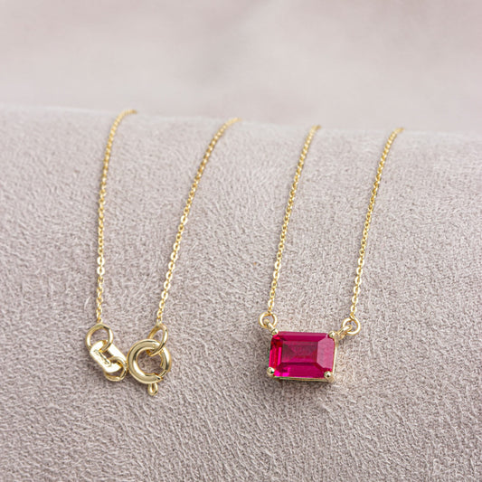 Horizontal Rectangle Ruby Necklace 14K Solid Gold, Minimalist Birthstone Double Link Rectangle Necklace, Perfect Gift for Mother's Day