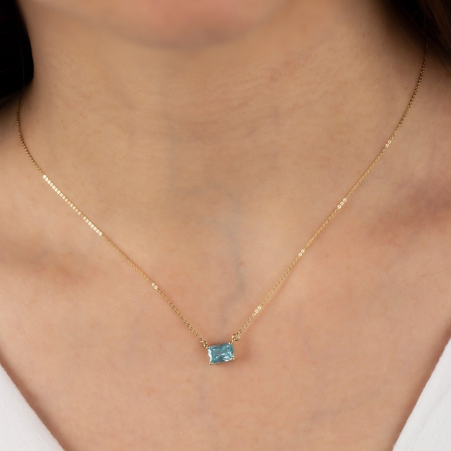 Horizontal Rectangle Aquamarine Necklace 14K Solid Gold, March Birthstone Double Link Rectangle, Perfect Gift for Mother's Day - Wife