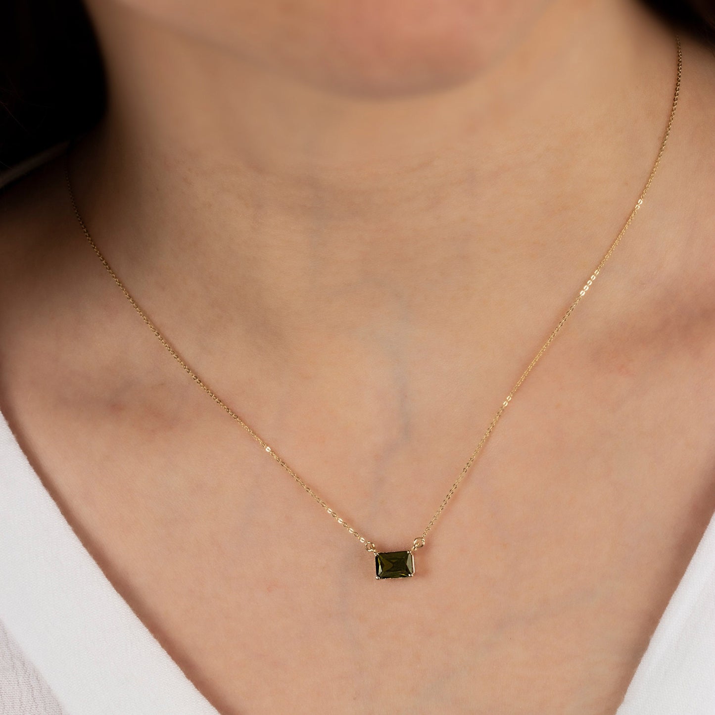 14K Solid Gold Peridot Necklace: Horizontal Rectangle, August Birthday Gift, Double Link, Perfect Gift for Mother's Day - Girlfriend - Wife