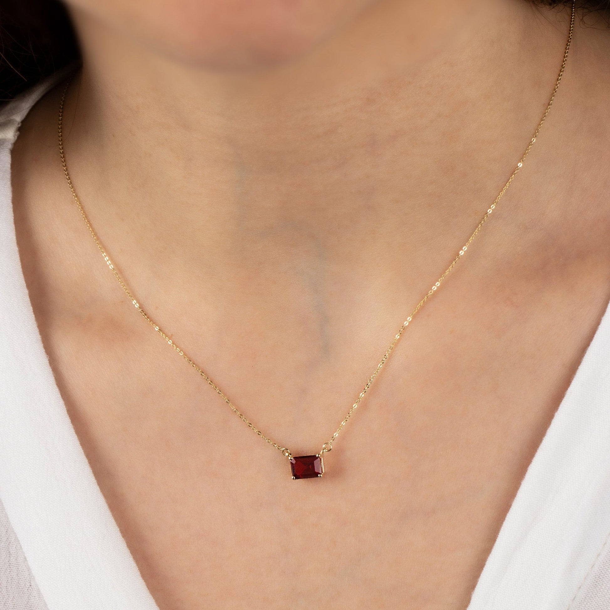 Horizontal Rectangle Garnet Necklace 14K Solid Gold, Birthstone January Double Link Necklace, Gift for Mother's Day - Girlfriend - Wife