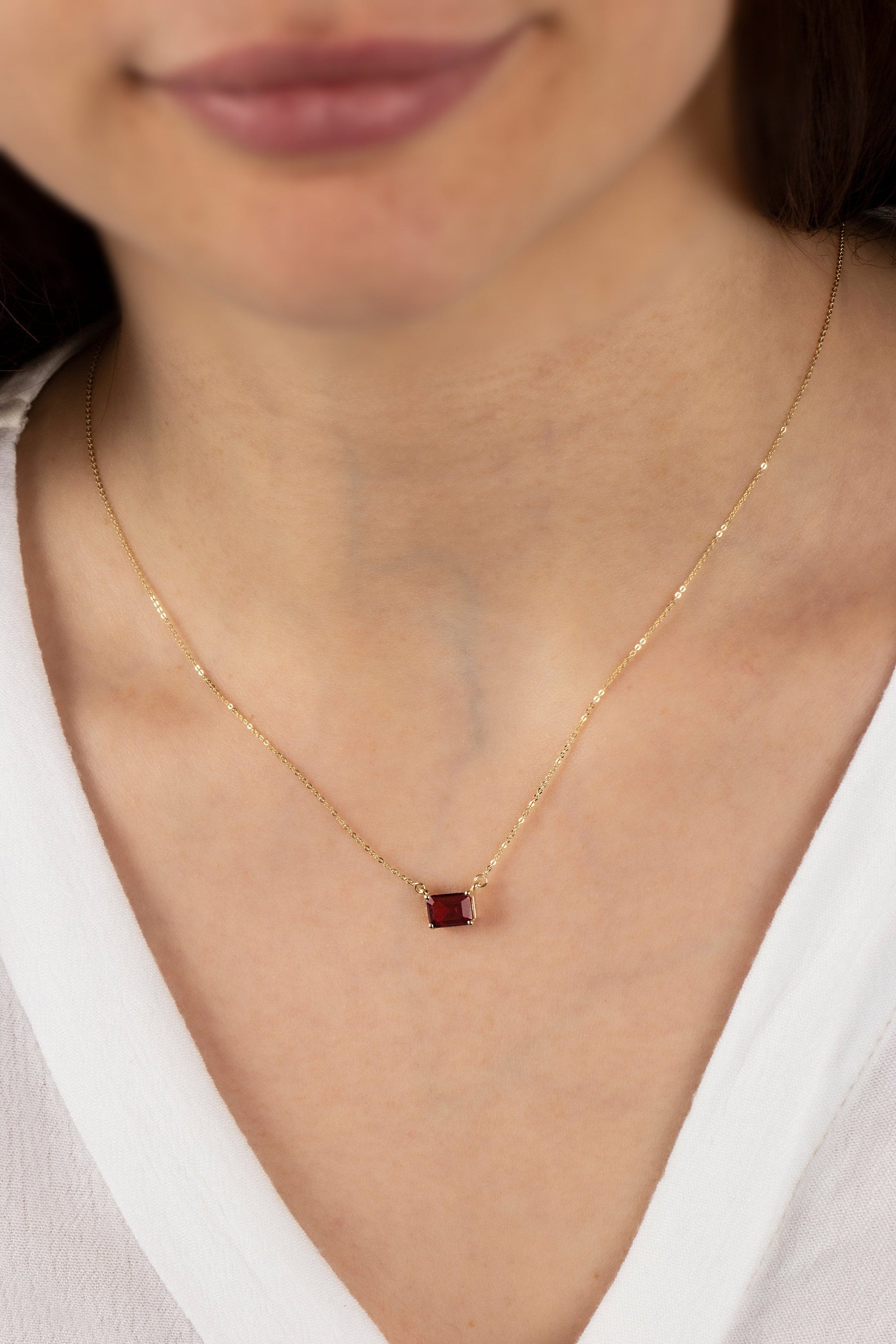 Horizontal Rectangle Garnet Necklace 14K Solid Gold, Birthstone January Double Link Necklace, Gift for Mother's Day - Girlfriend - Wife