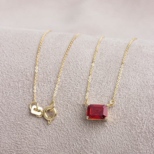 Horizontal Rectangle Garnet Necklace 14K Solid Gold, Birthstone January Double Link Necklace, Gift for Mother's Day - Girlfriend - Wife