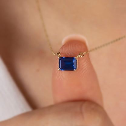 Horizontal Rectangle Sapphire 14K Solid Gold Necklace, Birthstone Rectangle, Double Link, Perfect Gift for Mother's Day - Girlfriend - Wife