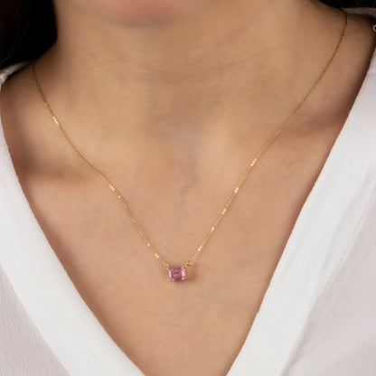 14K Solid Gold Horizontal Rectangle Pink Tourmailine Necklace, Birthstone Rectangle Necklace,Double Link Rectangle Necklace,Mothers Day Gift