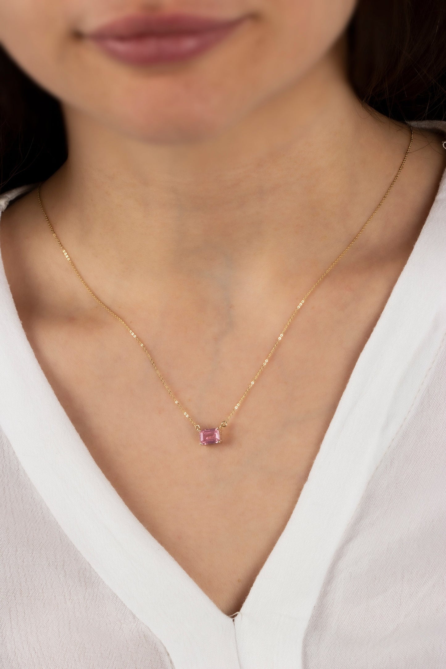 14K Solid Gold Horizontal Rectangle Pink Tourmailine Necklace, Birthstone Rectangle Necklace,Double Link Rectangle Necklace,Mothers Day Gift