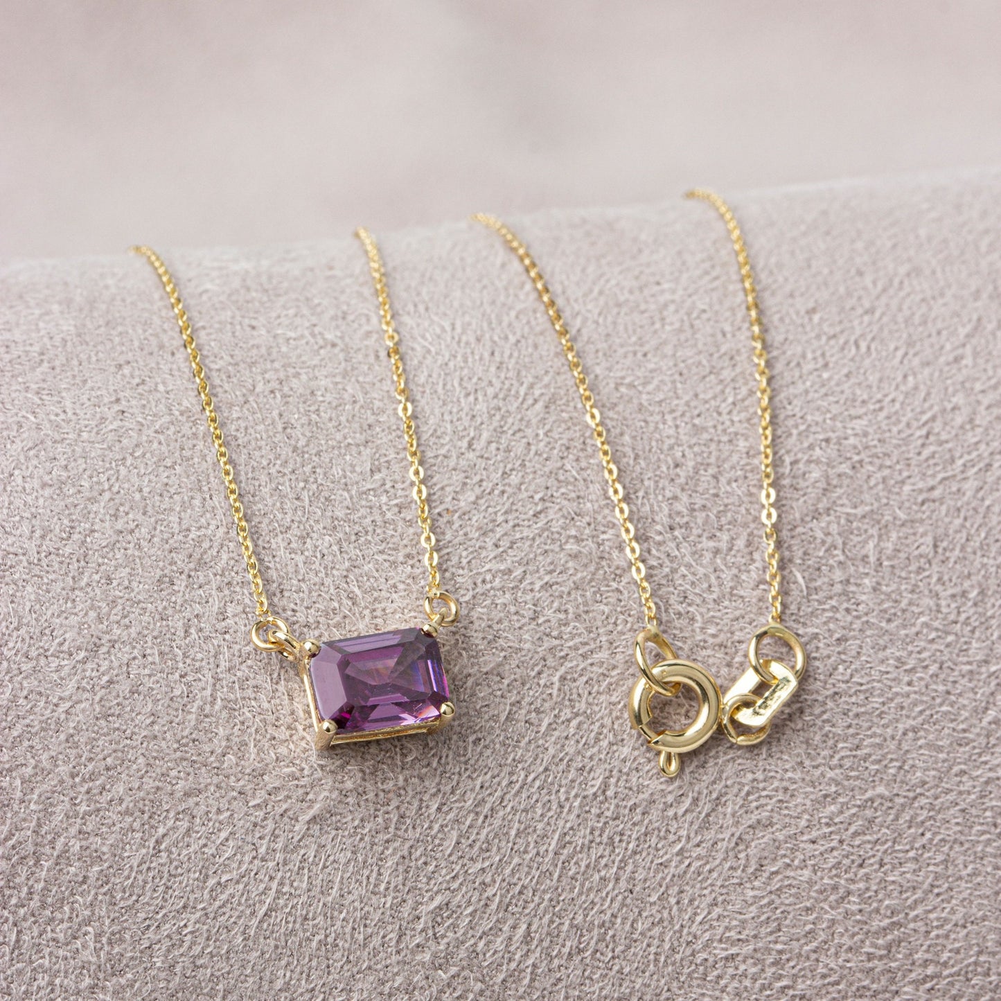 Amethyst Necklace 14K Solid Gold - February Birthstone Rectangle, Double Link Chain, Perfect Mother's Day Gift